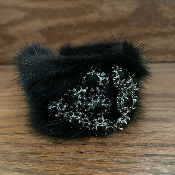 Black Fur Bangle Gem Stone Crystals Adjustable - Picture 3 of 5